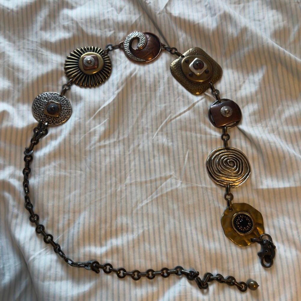 Chico's Statement Medallion Chain Belt Mixed Metal Bohemian 40in end to end
